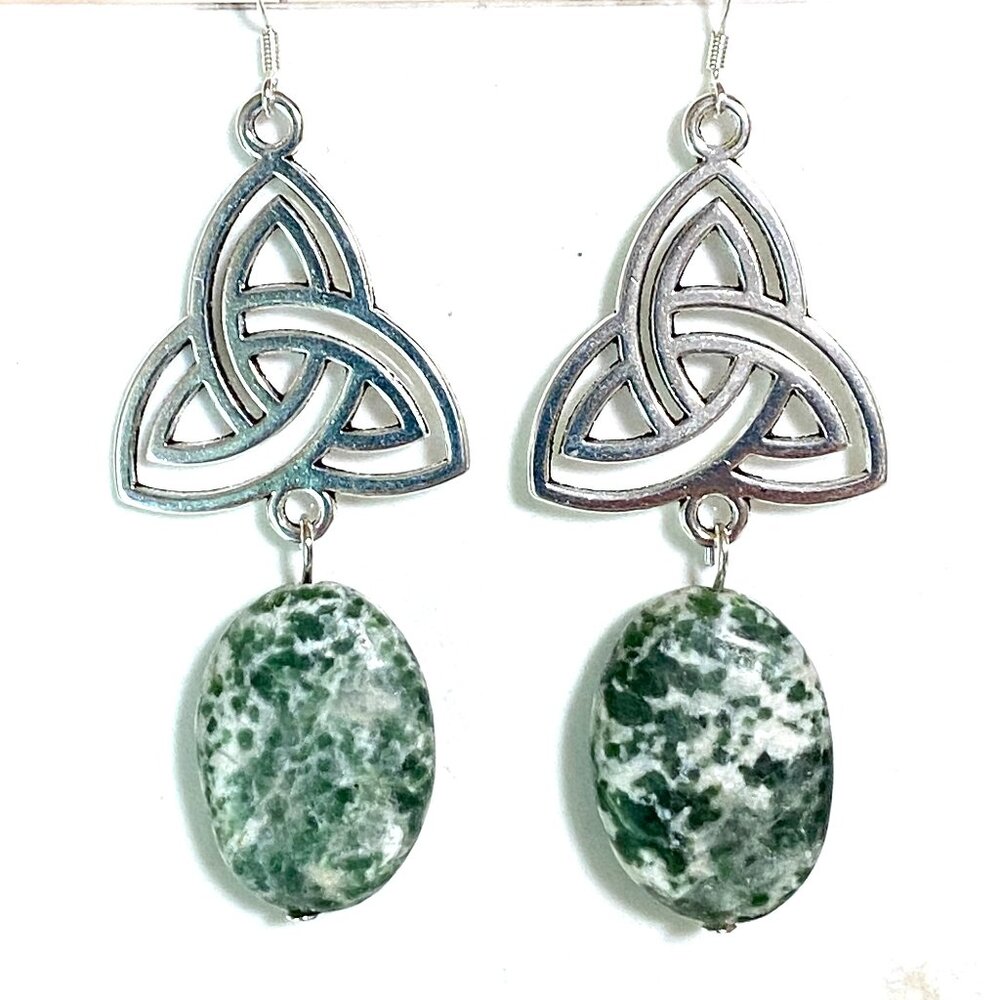 2/$20, Genuine Green Tree Agate Triqueta Sterling Silver Dangle Earrings